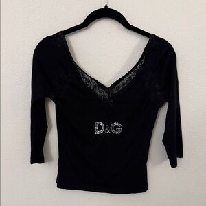 Vintage D&G Black V-Neck Top with Lace Detail